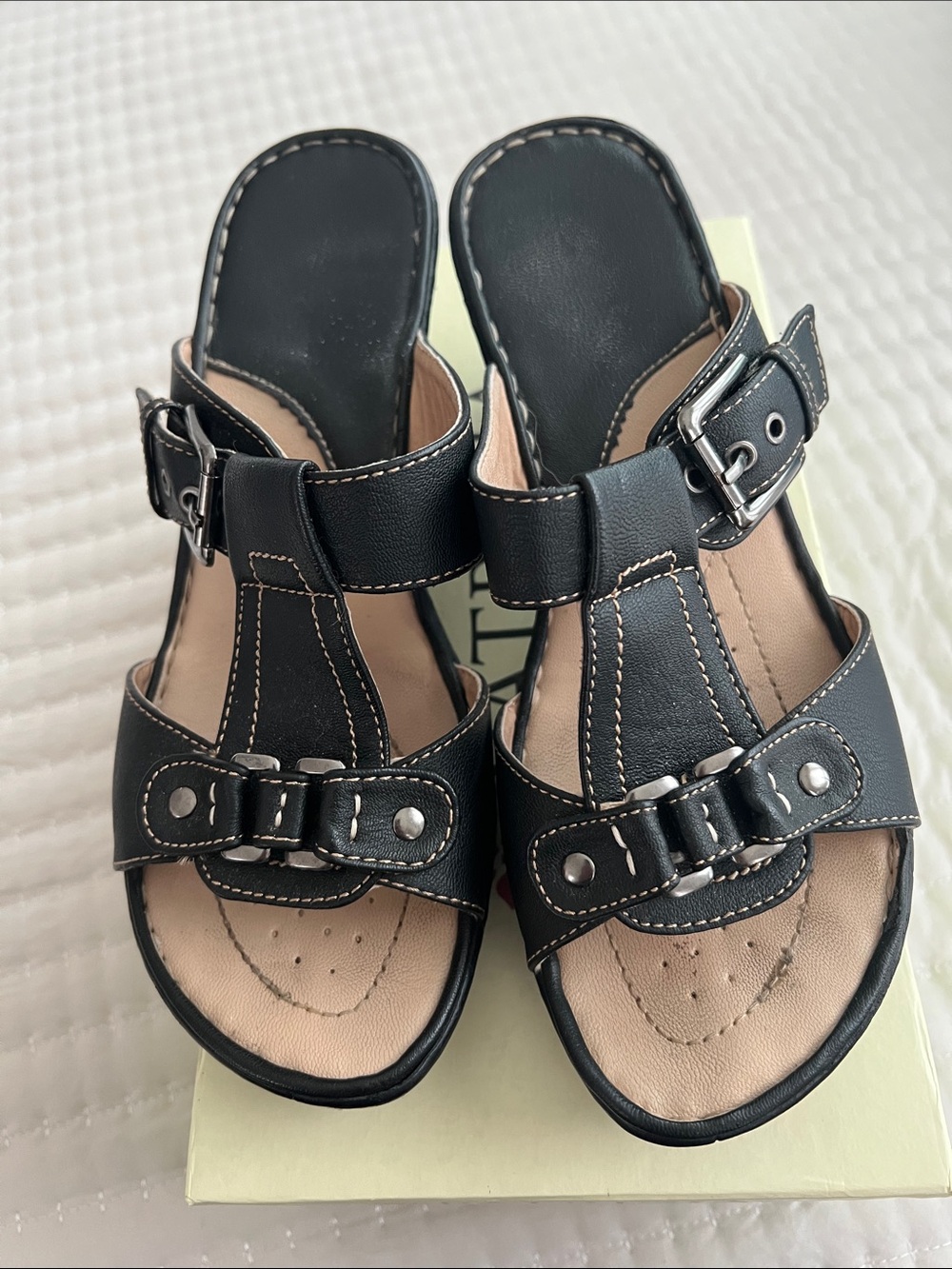 Spring Step Black and Tan Leather Slide Sandals